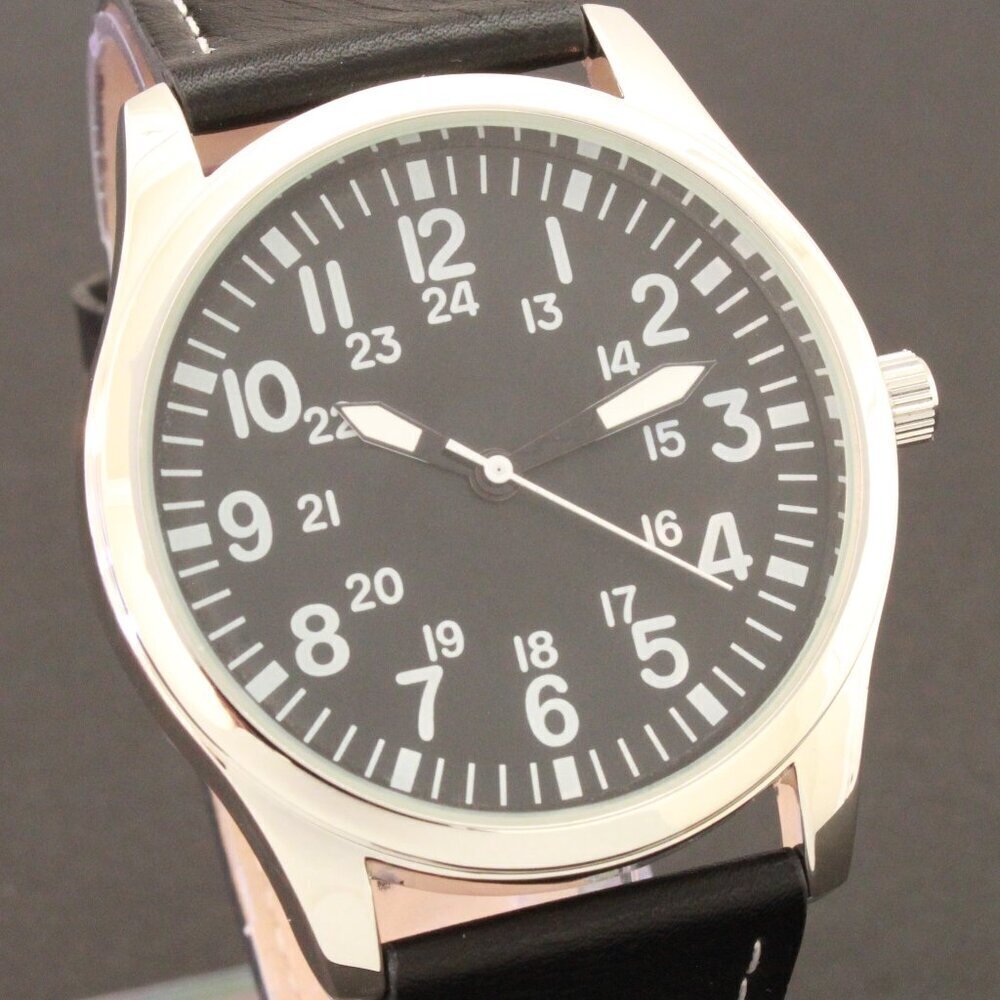 Men's Quartz Field Watch Silver Case Black Leather Strap 42mm - Picture 8 of 12
